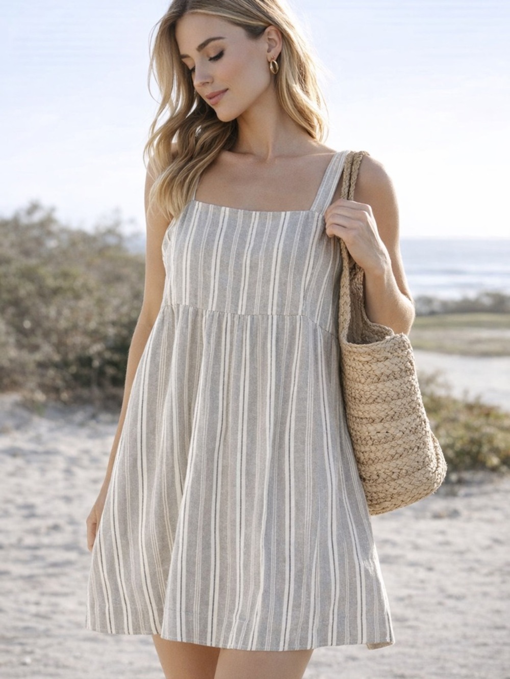 100% LINEN Cotton On Kristy Babydoll Dress XL Maya Multi Stripe Sleet Gray NWT
